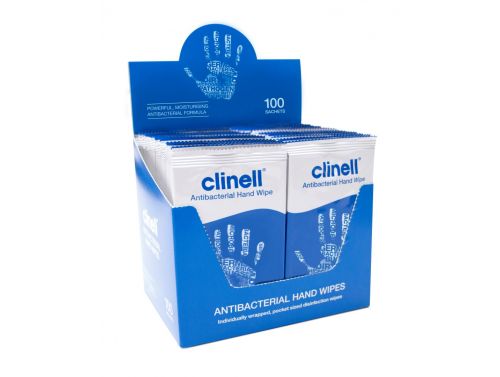 CLINELL ANTIBACTERIAL HAND WIPES / INDIVIDUALLY WRAPPED / BOX OF 100