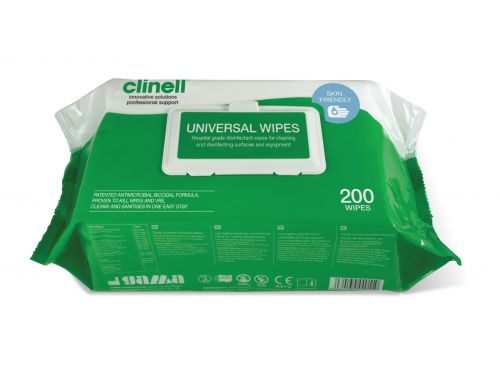 CLINELL UNIVERSAL DISINFECTANT AND SANITISING WIPES / PKT 200 / GREEN