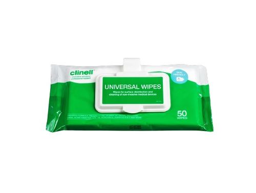 CLINELL UNIVERSAL SANITISING WIPES / CLIP PACK / PACK OF 50 / GREEN