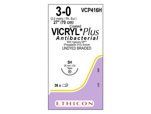 ETHICON COATED VICRYL® (POLYGLACTIN 910) SUTURE  / 3-0 / 26MM / 70CM / 1/2 CIRCLE TAPER / BOX OF 36