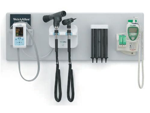 WELCH ALLYN GS77 INTEGRATED SYSTEM WITH 11820 PANOPTIC OPTHALMOSCOPE, 23810 MACROVIEW, 76700 LOCKING COLLARS AND LED LAMPS