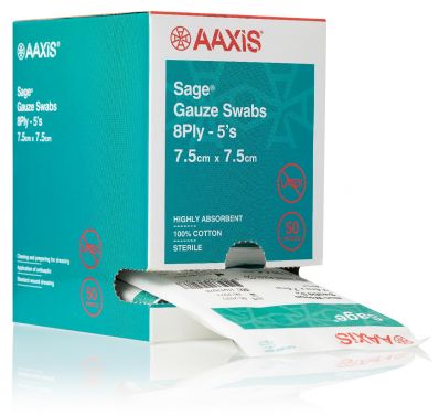 GAUZE SWABS / STERILE / PLAIN WOVEN /  8 PLY / 7.5X7.5CM / PACK OF 5 / BOX OF 30