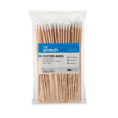 AMTECH COTTON BUDS / SINGLE ENDED WOODEN / NON STERILE 15CM / PACK OF 100