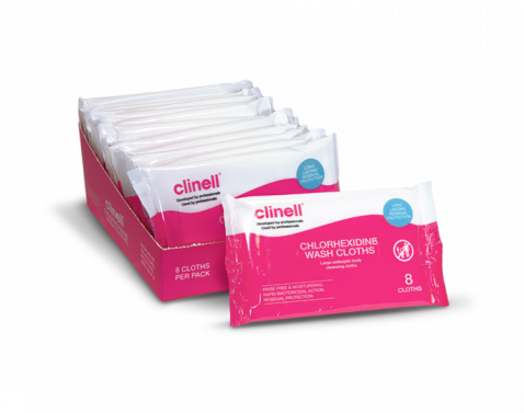 CLINELL CHLORHEXIDINE WASH CLOTHS / PACK OF 8