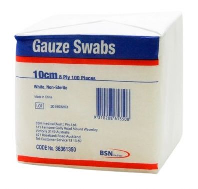 GAUZE SWABS / NON STERILE / PLAIN WOVEN / 8 PLY / 10 X 10CM / PACK OF 100