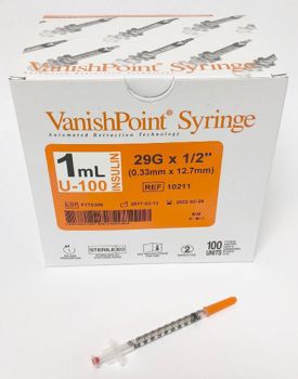 VANISHPOINT INSULIN SYRINGE & NEEDLE SAFETY / 1ML U-100 INSULIN / 29G X 1/2 IN / BOX OF 100